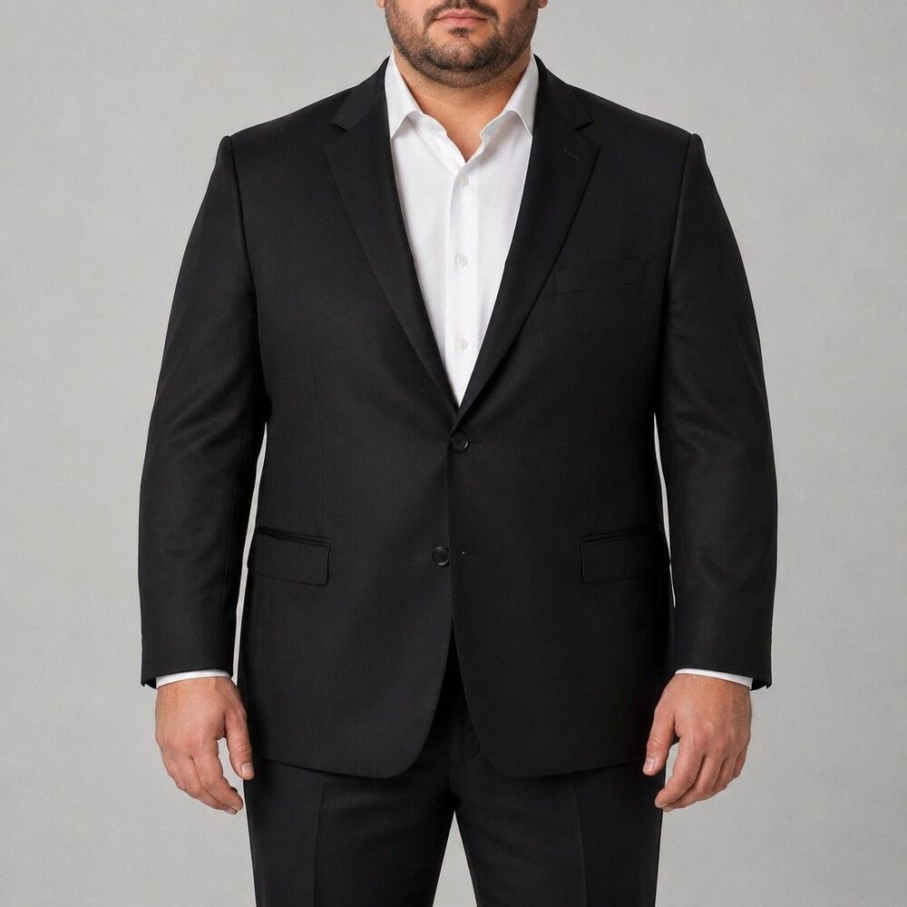 Men's Black Suit Jacket Two Button Satin Lapel 56R Polyester Wool Blend